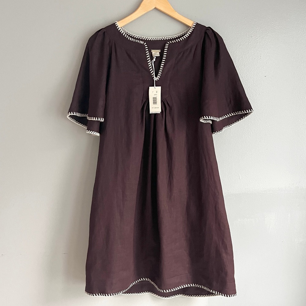 Magaschoni Linen Shift Dress M Brown Flutter Sleeve Whipstitch Boho Fall NWT